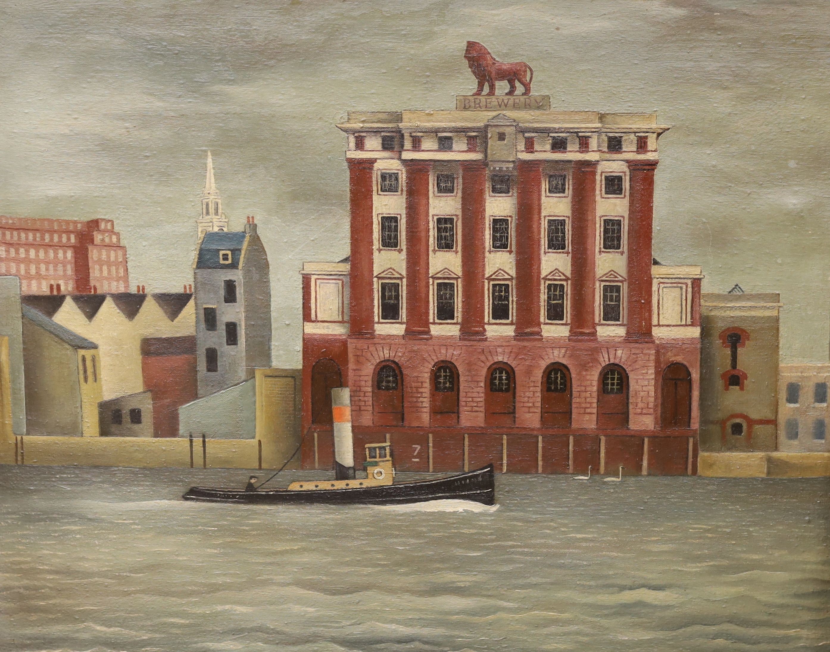 Main 1949, oil on canvas, View of The Old Lion Brewery, Thames South Bank, signed and dated 1949-50, 46 x 56cm